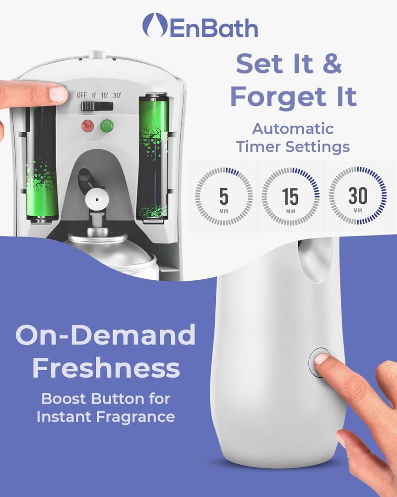 EnBath Automatic Air Freshener Spray Dispenser (2-Pack) White Wall Mounted or Free Standing Battery Operated Sprayer for Home or Commercial Use, 3 Auto Scent Release Time Settings for Room/Bathroom Freshness - Image 3